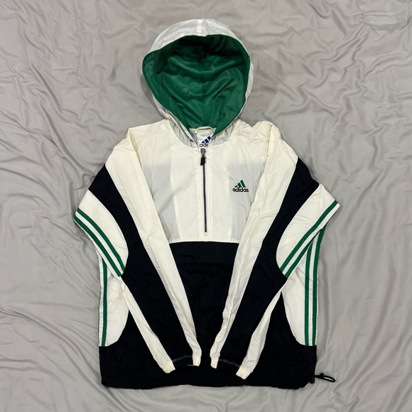 adidas Other - Vintage Adidas Zip Up Windbreaker Black Green And White Hooded Jacket Fleece